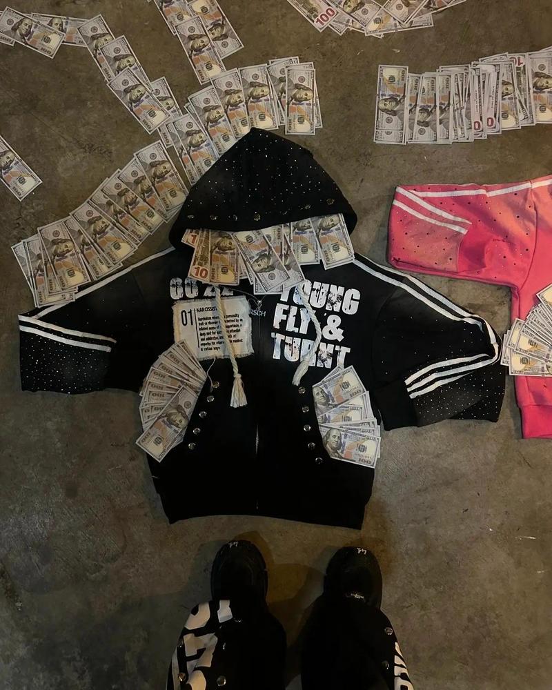 Men's Hoodies America Vintage Sequins Rhinestone Embroidery Zipper Hoodie Men Women Punk Gothic Stripe Patchwork Trendy Sweatshirt