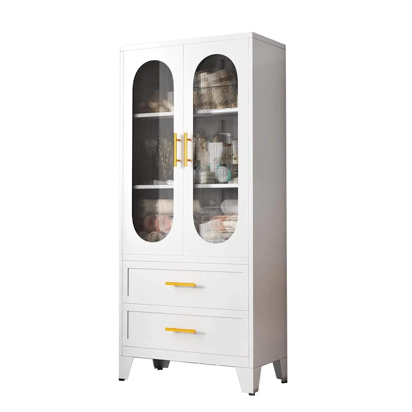 73-Inch Tall Metal Pantry Cabinet with Glass Doors – Adjustable Shelves, Drawer for Kitchen, Laundry, Living Room, Bathroom, Tool Room Organization – Sleek White Storage Locker