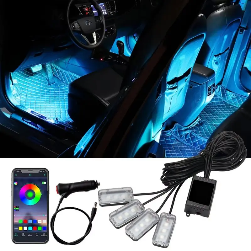 4PCS RGB Car Footwell LED Ambient Lights, APP Controlled Multi-Color Car Interior Decor Light, Auto Atmosphere Lamp for Most SUV Vehicles, Ideal Gift for Car Owners