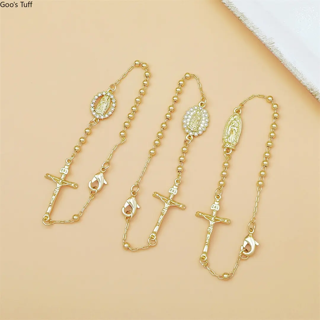 1-Piece Gold-Plated Copper Beaded Bracelet - Religious Wrist Chain with Virgin Mary Cross, Elegant Premium Fashion Accessory for Daily Outfits & Spiritual Holiday Gifting, One-Piece