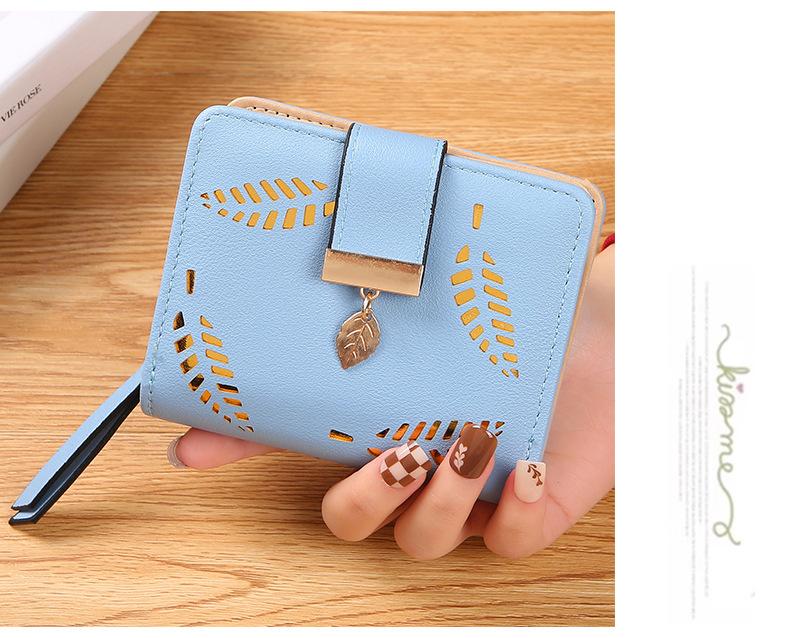 Leaf Short Wallet for Women Korean Style Hollowed Out Fashion Trend Change Zipper Card Bag PUCortical Embossed Leather Daily Matching
