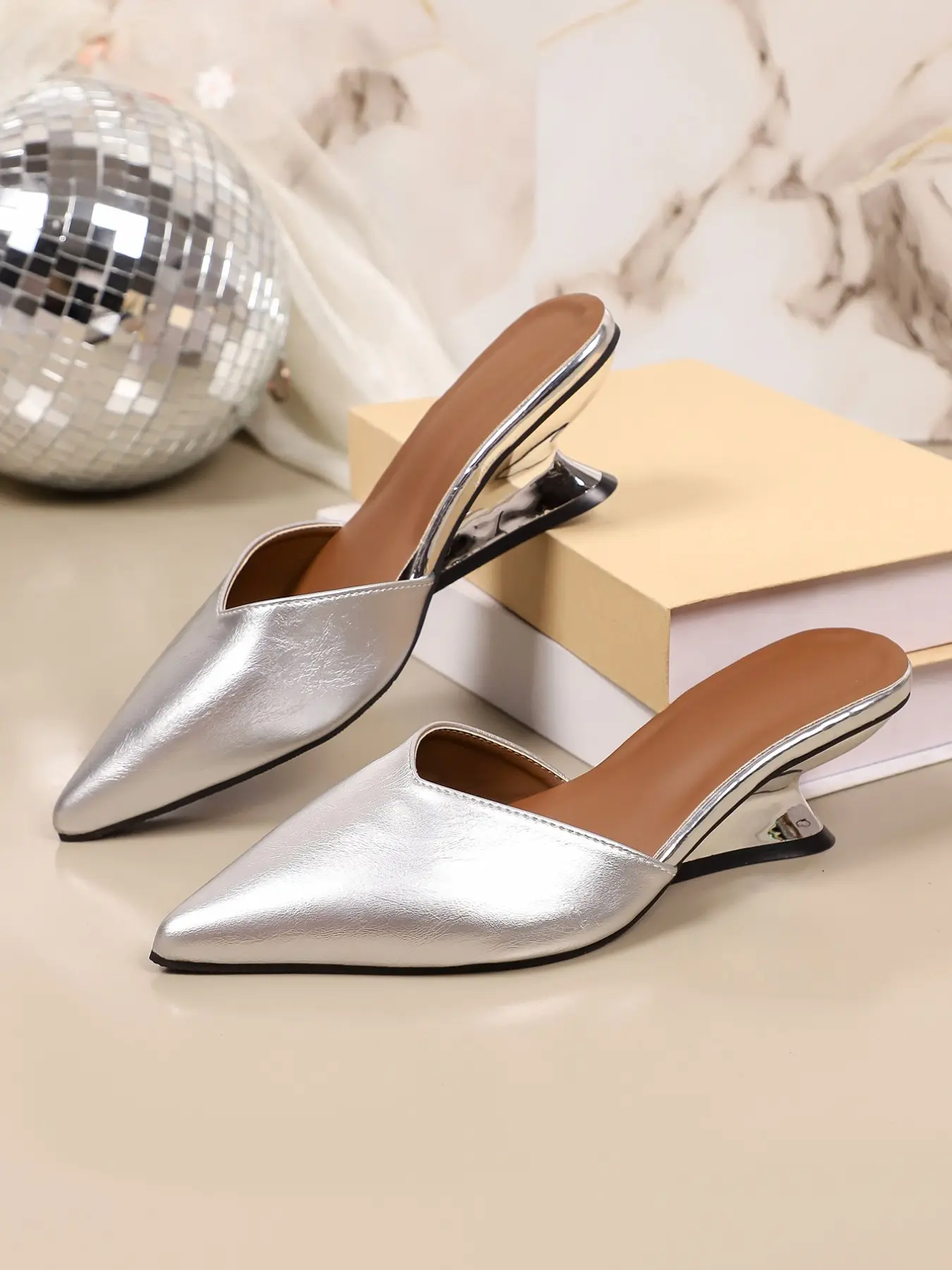 Women Pointed Toe V-Cut Slide Mule Heels Trendy Unique Sculpted Metallic Wedge Heel Slip On Backless Sandals Office Dating Brunch Evening Daily Outfits 3 Colors Caramel Brown Black Silver