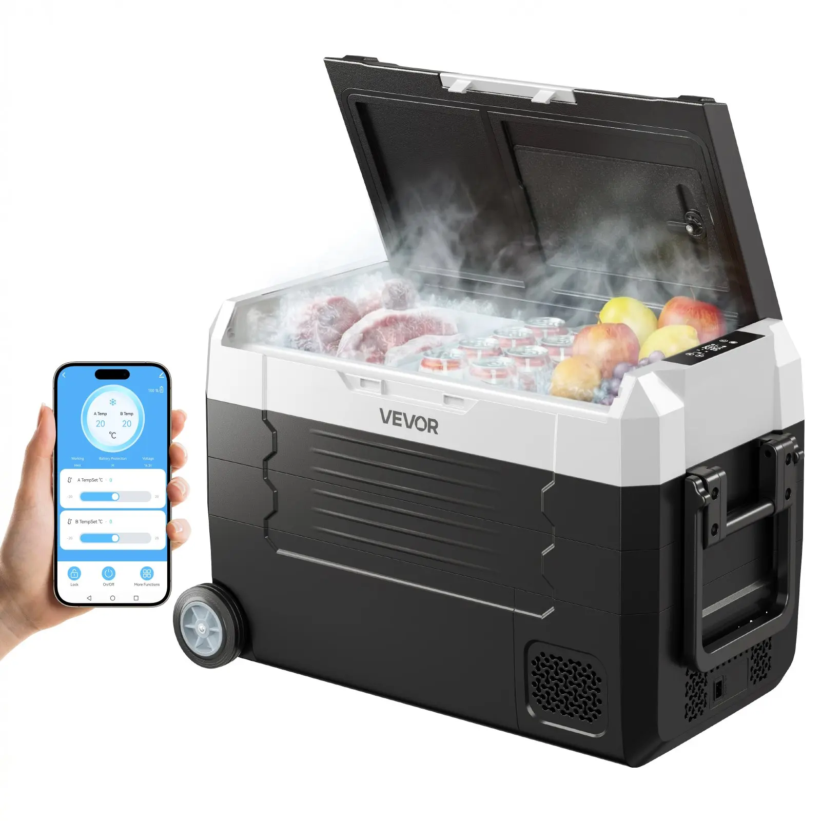 VEVOR Car Refrigerator, DC 12/24V AC100-240V Compressor Electric Cooler, -4F to 68F Truck Refrigerator with APP Control, Wheels Dual Zone, 37 QT Cars Cooler for RVs, Boats, Camping, Fishing