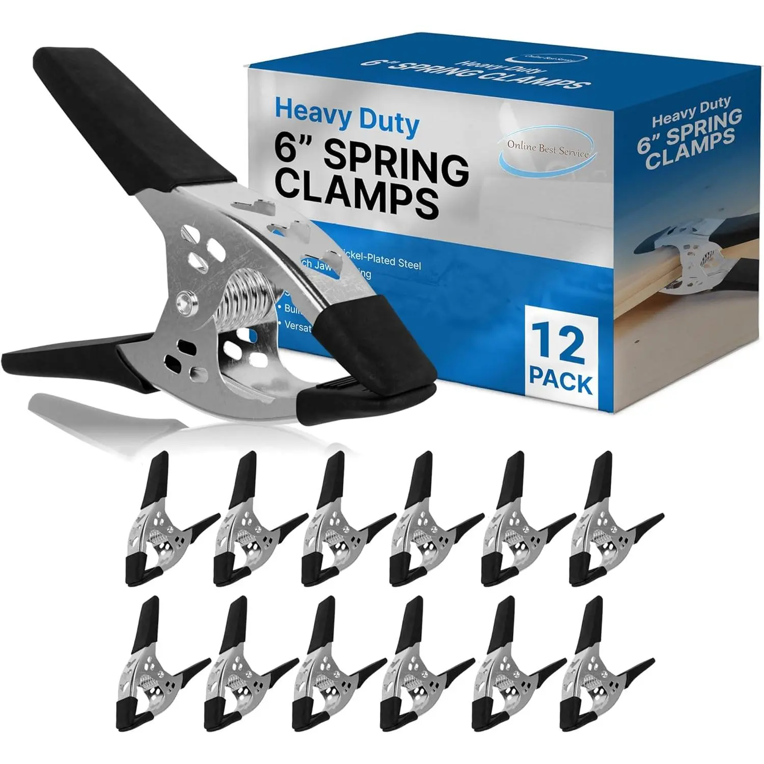 12-Pack Large Super Heavy-Duty Black Metal Spring Clamps, 6in Size, 3in Jaw Opening, New Model