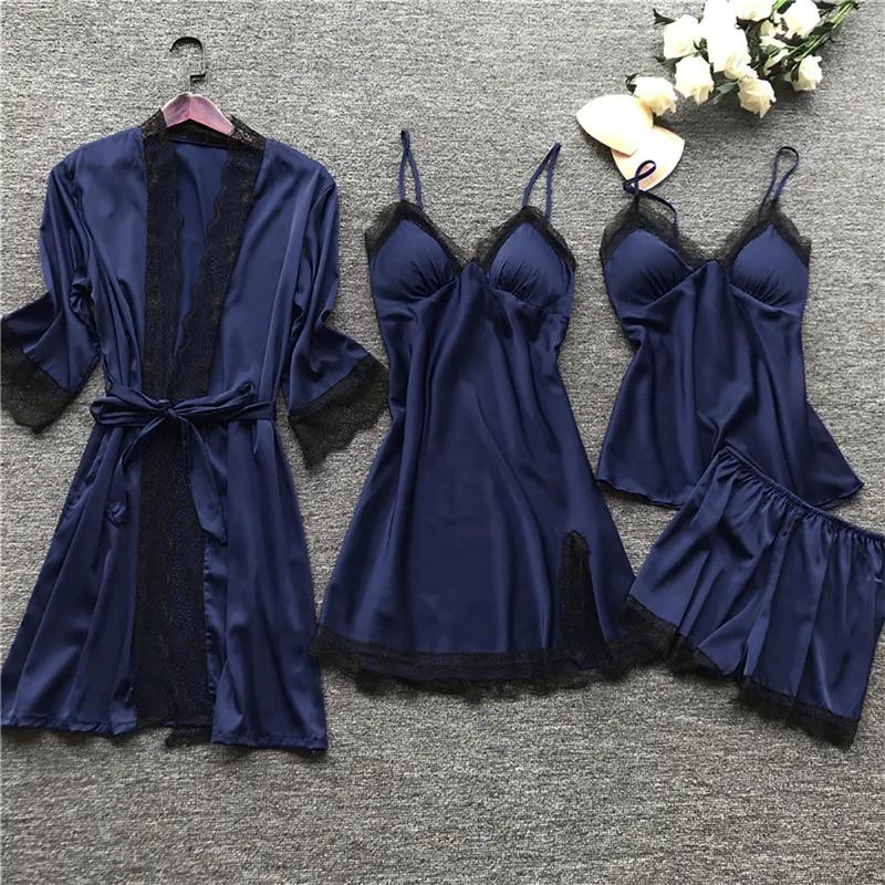 Lace Silk Pajamas Set Nightdress Sexy Lingerie Robe Women Sleepwear 4 Pieces Suits Sleeping Top And Shorts Femme Pijama Mujer Pj Loungewear Womenswear Homewear Solid233