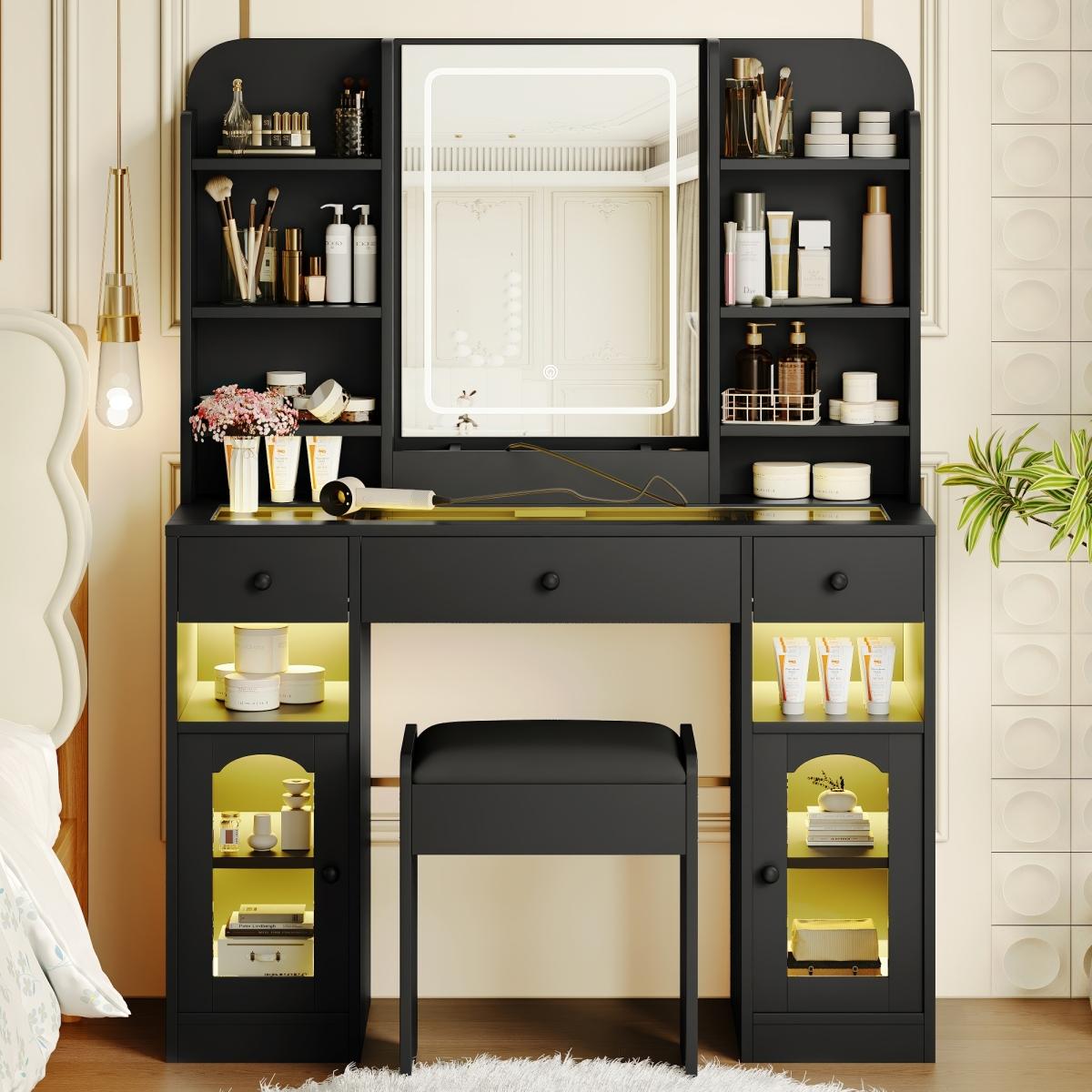 43.2" Vanity Desk with LED Mirror & Lights, Glass Top Vanity with RGB Light Cabinets, Dressing Table with 3 Drawers, Shelves & Stool – White/Black