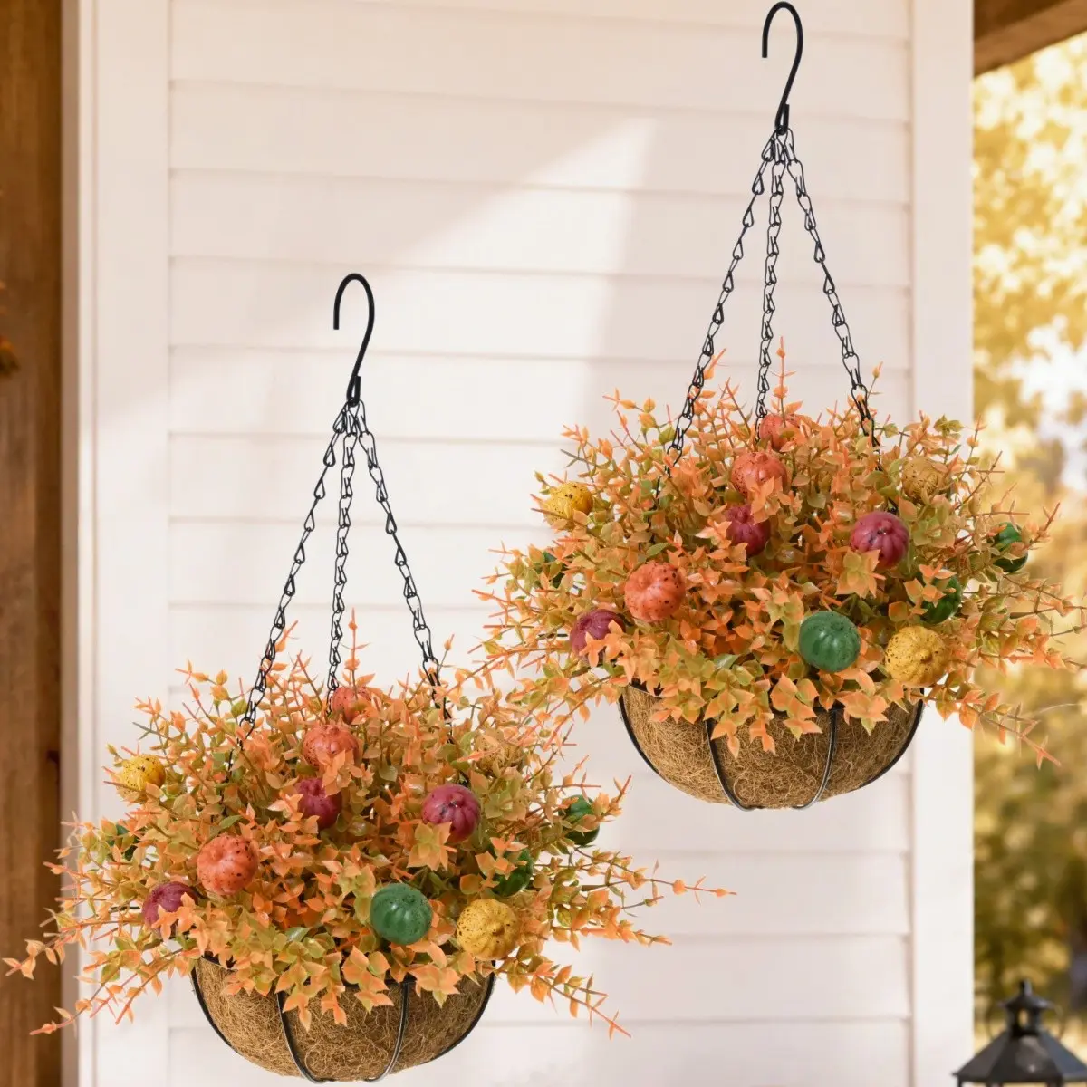 2pcs Artificial Fake Fall Plants Flowers Basket for Outdoor, Autumn Faux Pumpkins in Hang Planter Look Real UV Resistant for Porch Home Patio Balcony Yard Decor