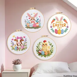 Easter Floral Embroidery Kit for Beginners, European Style DIY Needlework Set with Synthetic Fabric, Threads & Hoop for Home Decor Gift