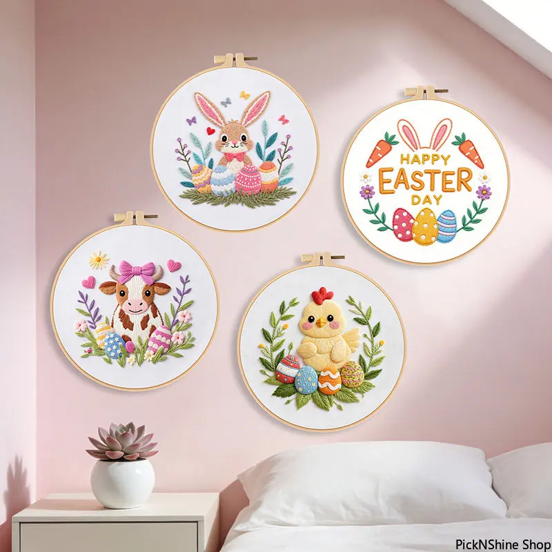 Beginner-Friendly European Style Easter Floral Embroidery Kit - DIY Needlework Craft Set with Synthetic Fabric, Hoop, Threads for Home Decor Gift, Cross Stitch, Beginners