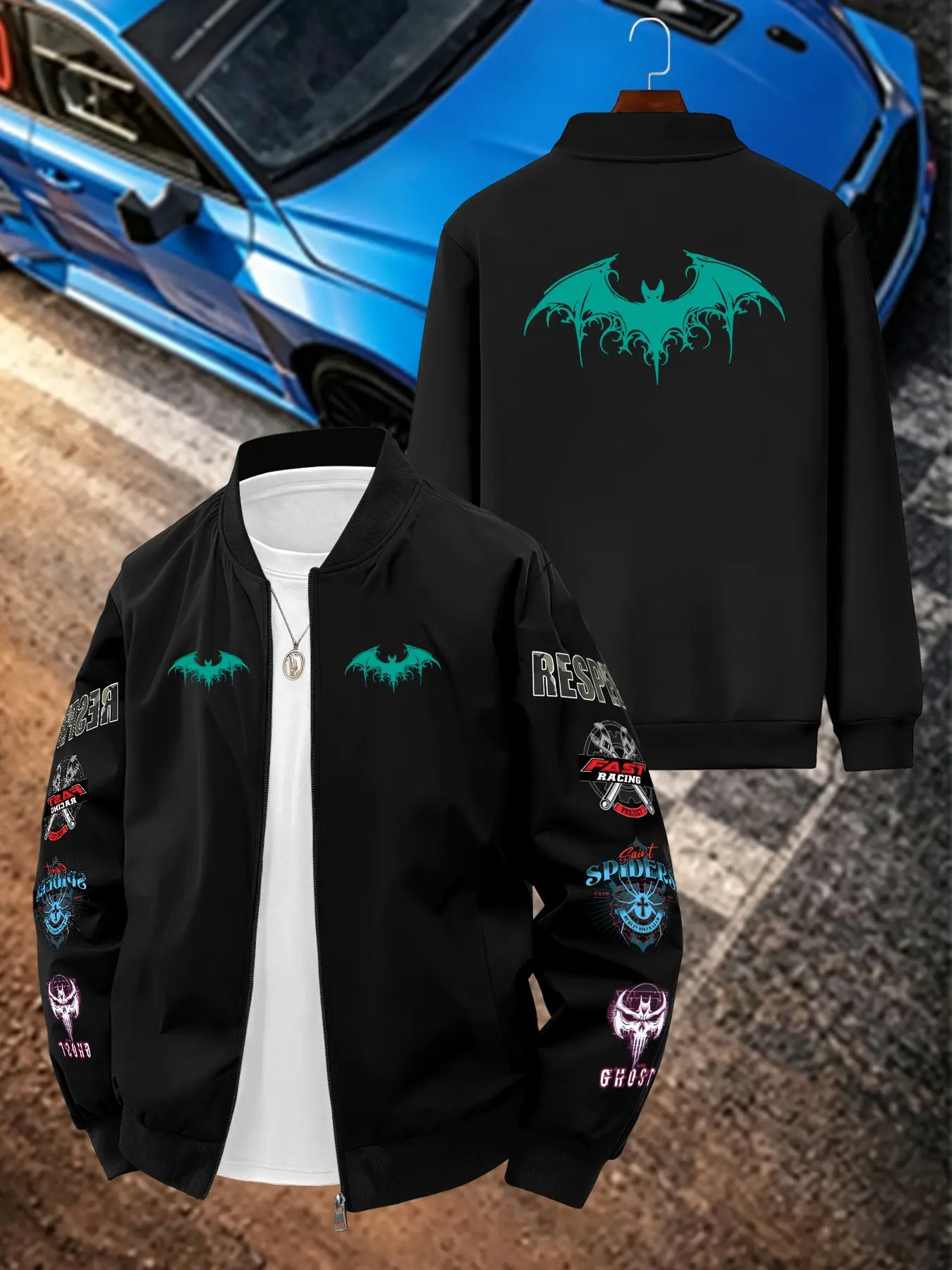 Batman Print Men's Casual Jacket, Long Sleeve Loose-Fit Outerwear, Geometric Pattern, All Seasons, Plain Surface, No Padding
