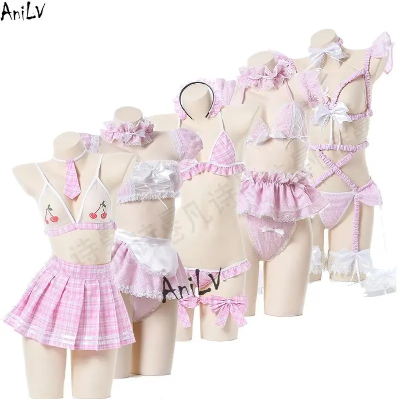 AniLV Women's Pink Plaid Maid Bikini Swimsuit - Sukumizu Cosplay Costume with Skirt, Anime Cartoon Graphic Bikinis Set, Cartoon Character Graphic Wear for Kawaii Lingerie, Cartoon Character Graphic Bikini Sets