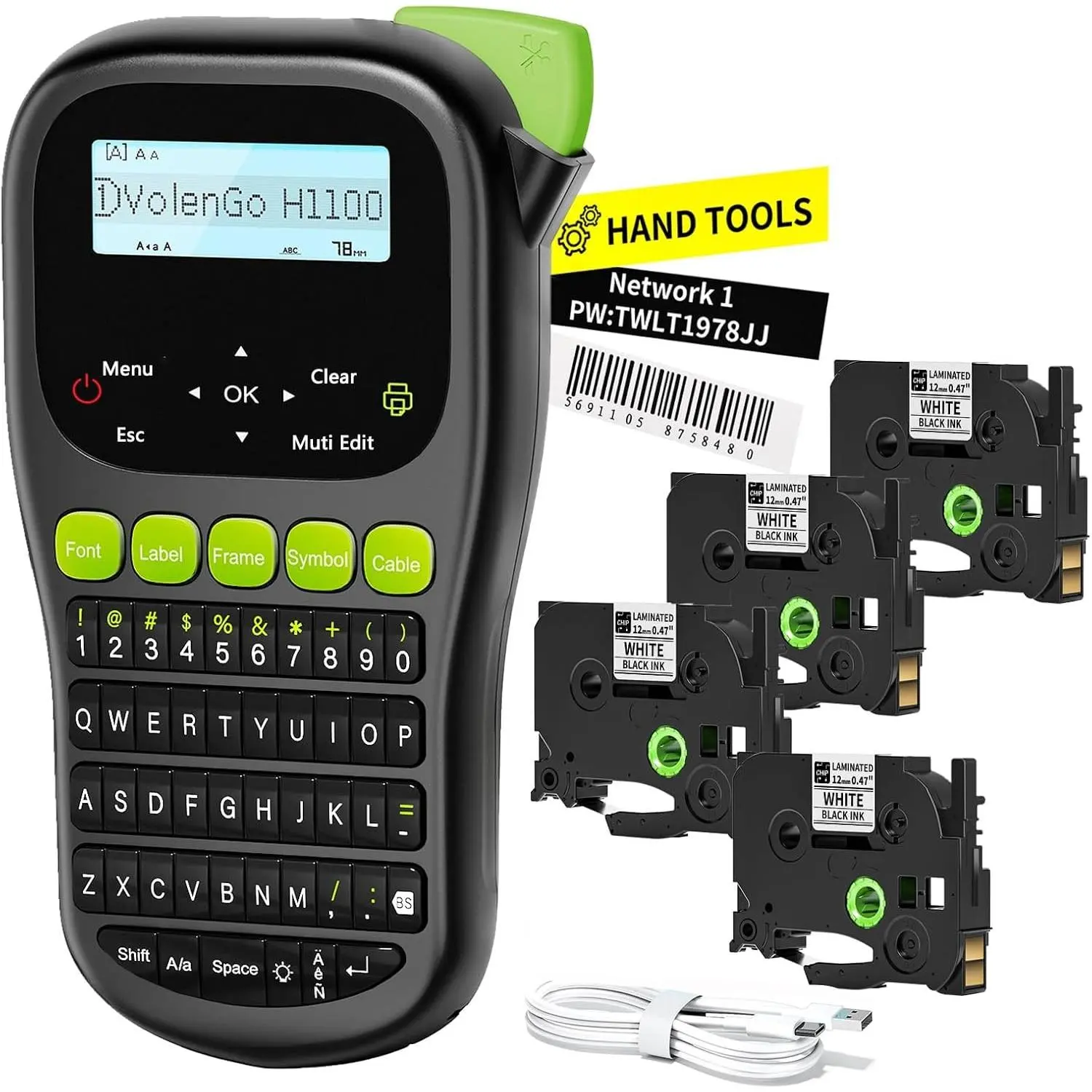 Label Maker Machine with 4 Tapes, Wire Label Maker Waterproof-Labels | Laminated Handheld Label Printer, Backlit & Portable & 3 Cable Mode, H1100 Labeler for Industrial Office Organization