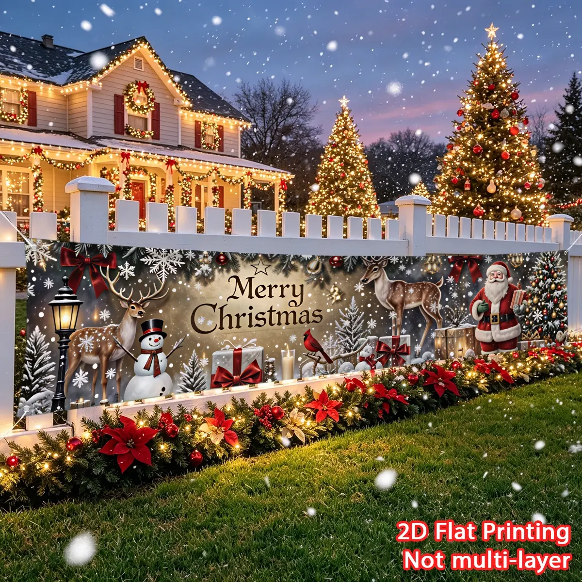 1pc Christmas banner Double Deer Santa Claus Christmas banner Large banner, party banner, Decoration Banners HD printing suitable for outdoor railing porch wall decoration