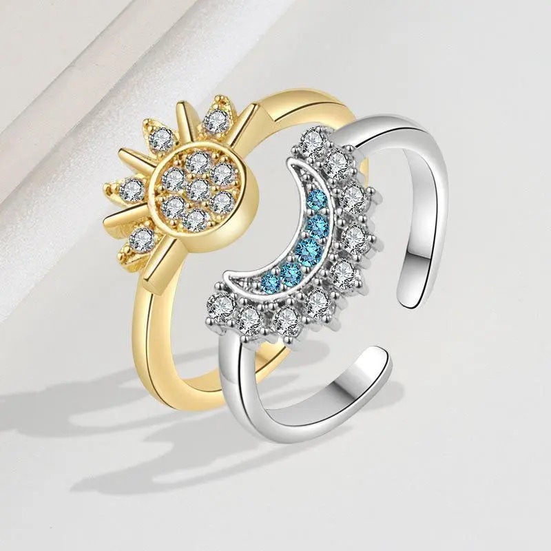 Sparkling Sun and Moon Adjustable Couple Rings CZ Open Promise Ring 2024 New Style Stackable Engagement Jewelry Day Gift