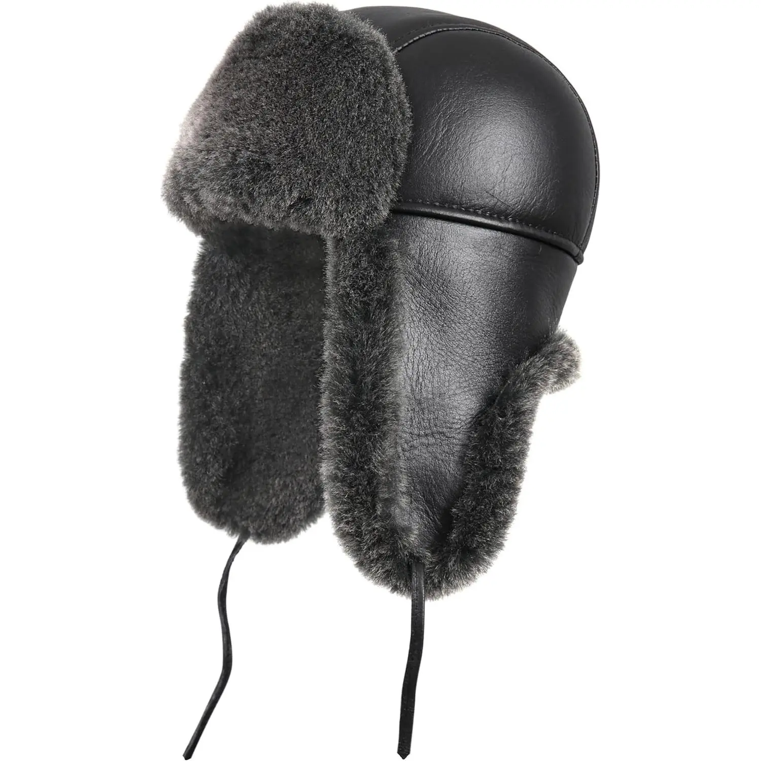 Leather Aviator Shearling Ushanka Trapper Hat Russian Sheepskin Cap Real Fur Winter Hat with Ear Flaps for Men Women