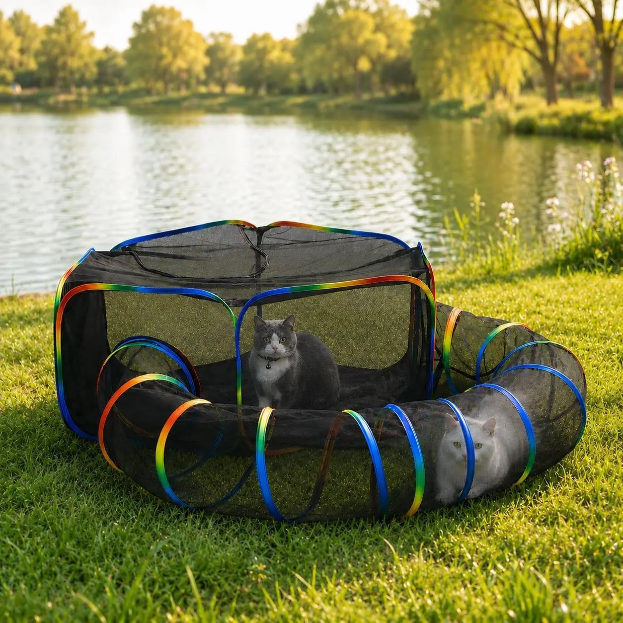 Portable 2-in-1 Foldable Cat Enclosure Outdoor Catio with Tent & Tunnel, Cat Playpen for Indoor Cats, Includes Storage Bag for Cats & Small Animals, Rainbow Color