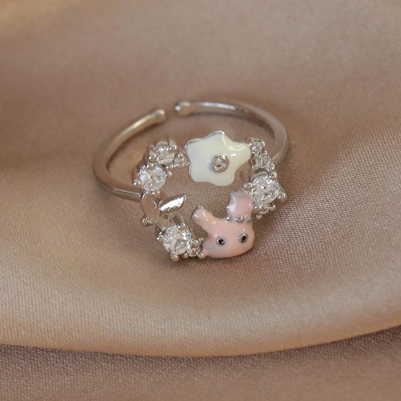 Spring and summer macaron-colored oil-drip flower heart ring with zircon inlay, open niche ring for women, personalized index finger ring