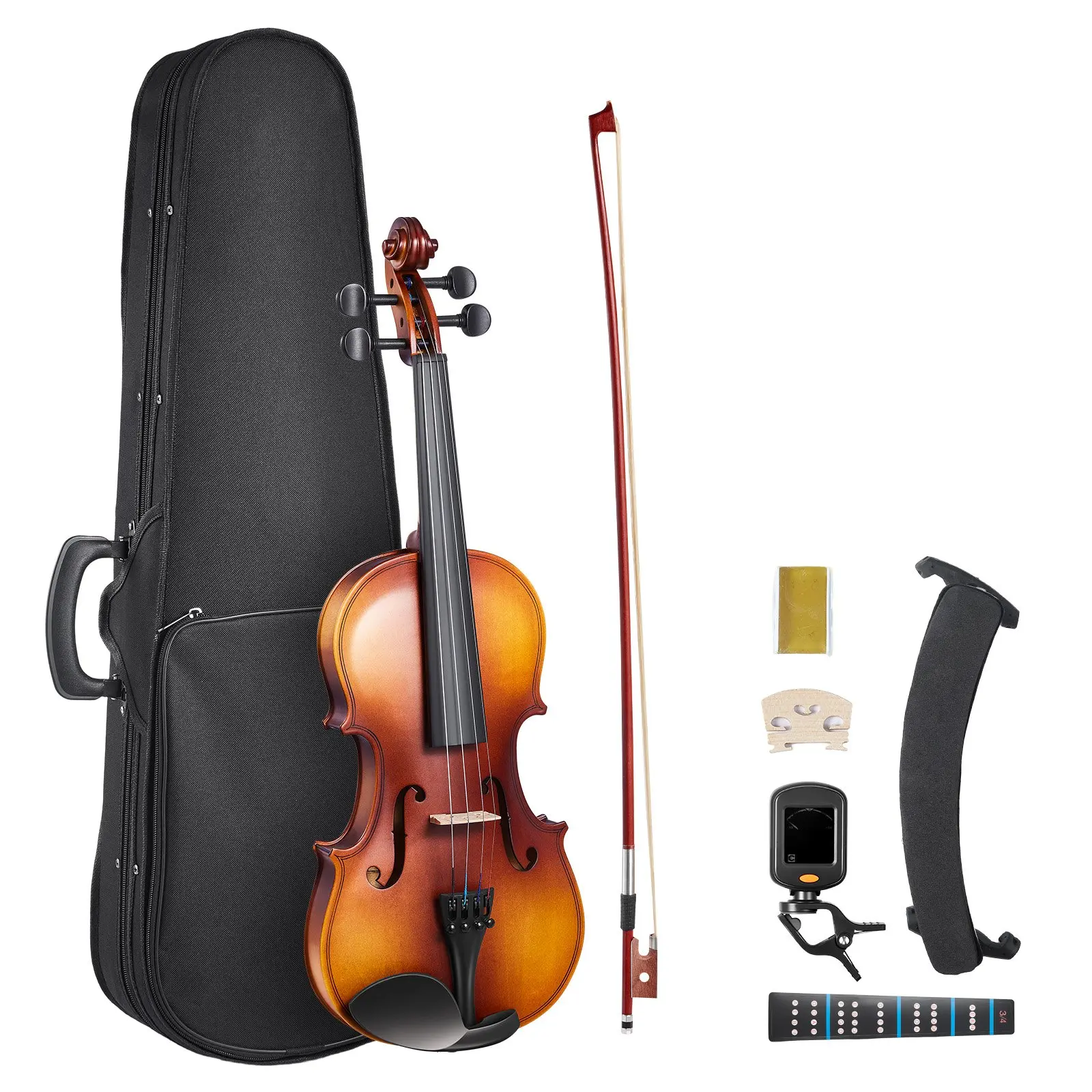 VEVOR 3/4 Size Basswood Violin with F-Holes, Beginner Fiddle Set Including Hard Case, Rosin, Bow, Shoulder Rest, Bridge, Tuner, Extra Strings (Brown) for Students