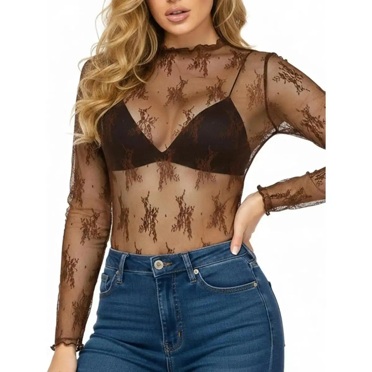 Women's 3-Pack Sheer Floral Embroidered Lace Long Sleeve Mock Neck Blouse Shirts, 3pcs(black+white+coffee) Women's Clothes for Sports & Outdoor Activities, Tops,travel essentials,camping essentials, Long Sleeve Tops Women