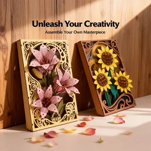 3D Layered Wooden Flower Frame Puzzle DIY Assembly Kit, Laser Cut Hollow Carving Floral Shadow Box Art, Lily Sunflower Wooden Picture Craft Ornament, Handmade Tabletop Wall Decor Creative Gift for Women Birthday Valentine Mother’s Day