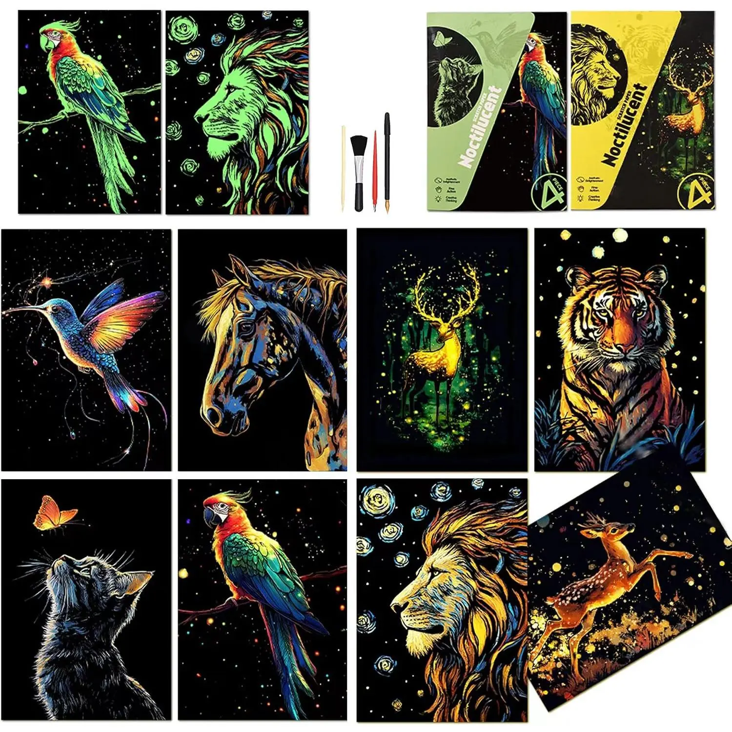 Scratchboard Art for Adult Luminous Scratch Painting Kits, A5 Scratch Art Rainbow Painting Paper 8 Sheet with 4 Tools, Scratchboard for Teens & Adults, Fun Creative Craft /Gifts/Decor,