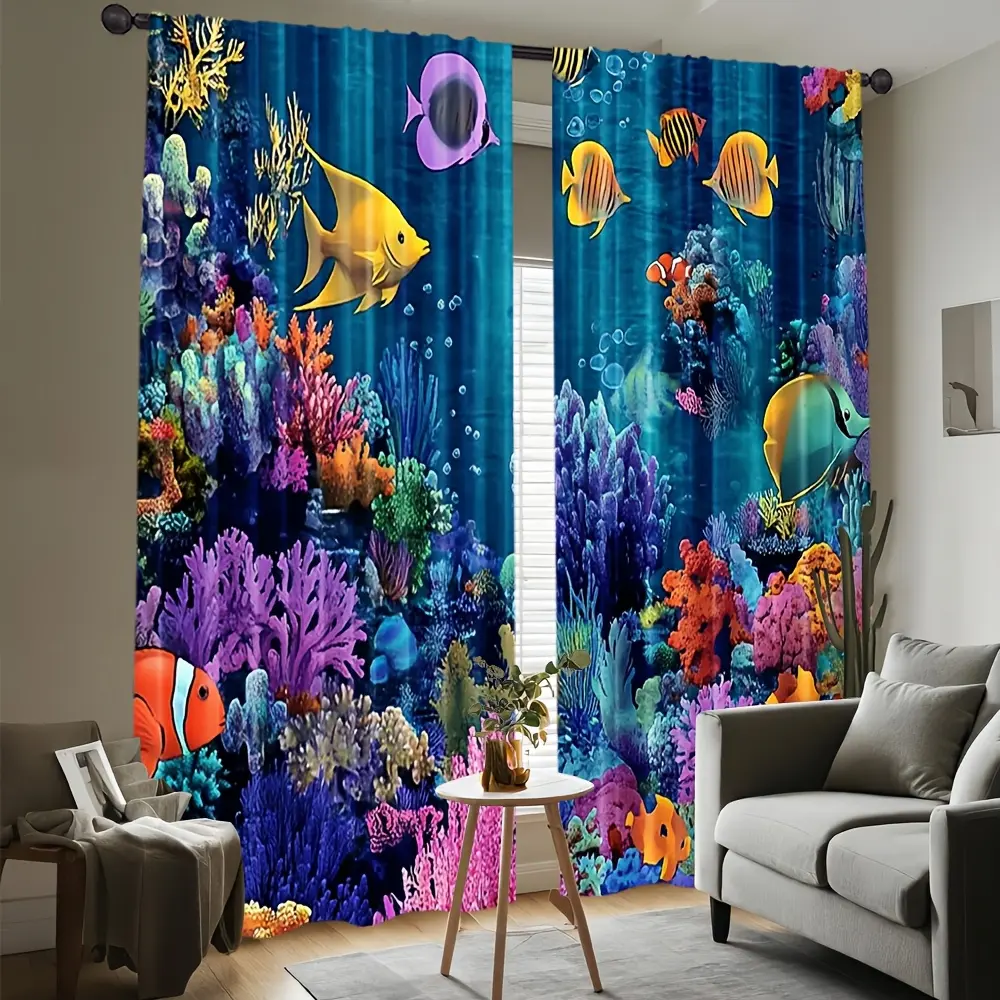 2-Piece Marine Life Curtains - Ocean Theme Window Decor, Coral, Seahorse, Whale Patterns - Semi-Transparent Blackout Privacy Sheer Curtains, Suitable Living Room, Bedroom, Bathroom - Easy-Care Home Decor (Not Included) - Marine Life Preservation Decoratio