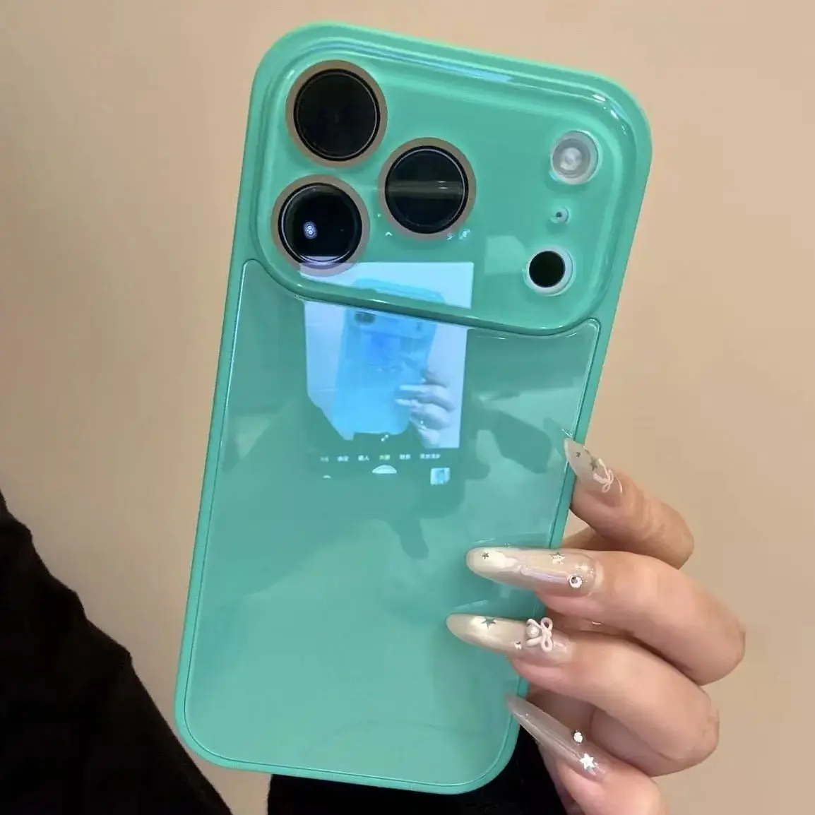 luxury Aesthetic Turquoise Crystal Glass Phone Case for Women, Shockproof Cover With Camera Protection Compatible with iPhone 11/12 Mini/13 Mini/13 Pro/14 Plus/15 Plus/16 E/17 Pro Max/17 Air solid color contrast inclusive lens junk cute drop texture