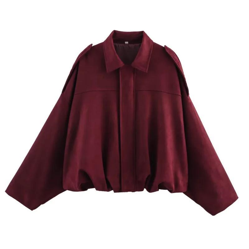 2026 Spring New Women's Suede Texture Effect Loose Fit Fashion Lapel Shoulder Bomber Jacket in Olive Brown & Burgundy