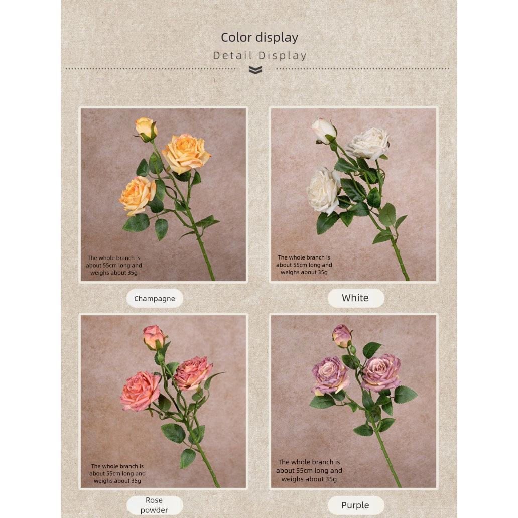 French Style Artificial Single Branch 3-Head Burnt Edge Rose Vintage Home Living Room Decoration Fake Dried Flower Bouquet High-End Feel