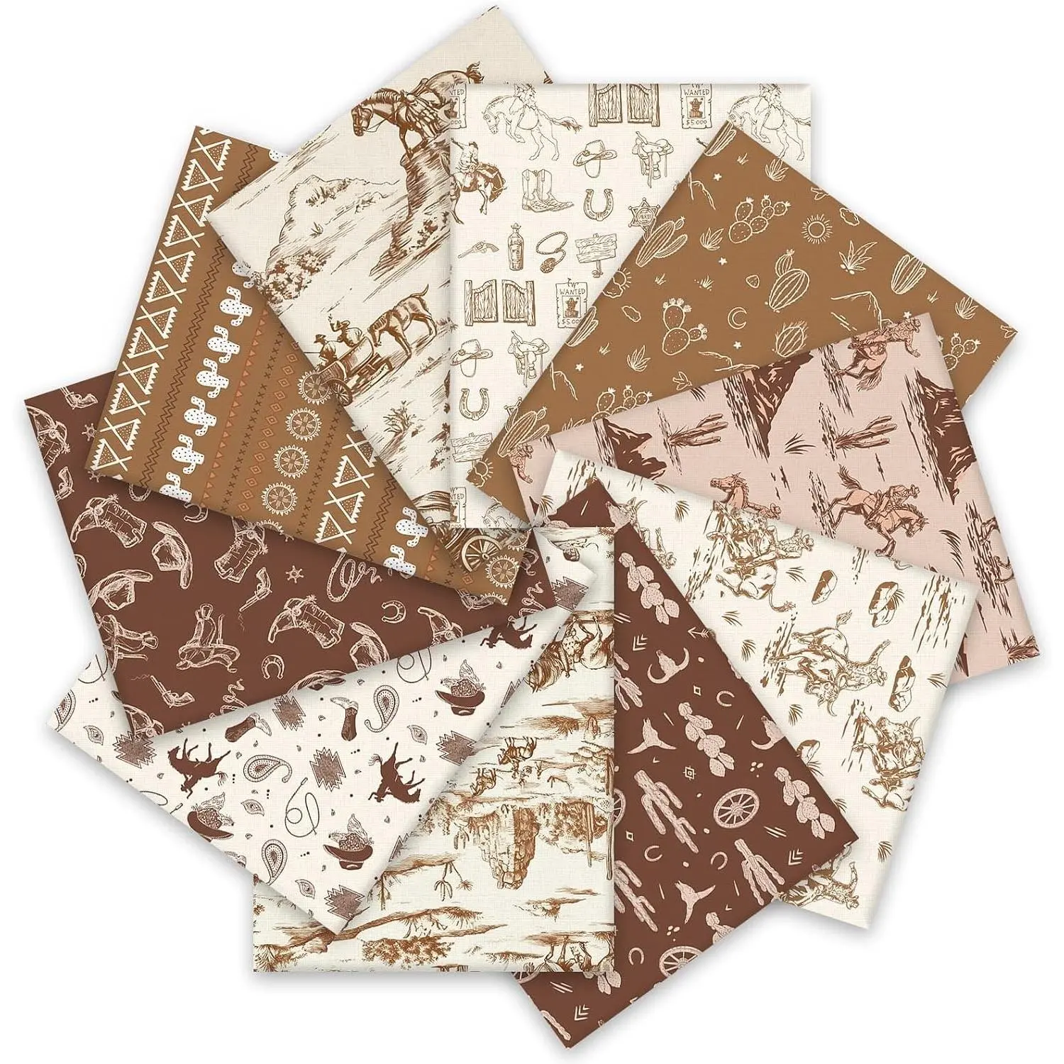 10Pcs Western Cowboy Cotton Fabric Squares, Small Brown Horses Cowboy Hat Boots Cactus Patterns, Sewing Fabric Bundles for Wild West DIY Craft Party Decor, 10 x 10 InchGift