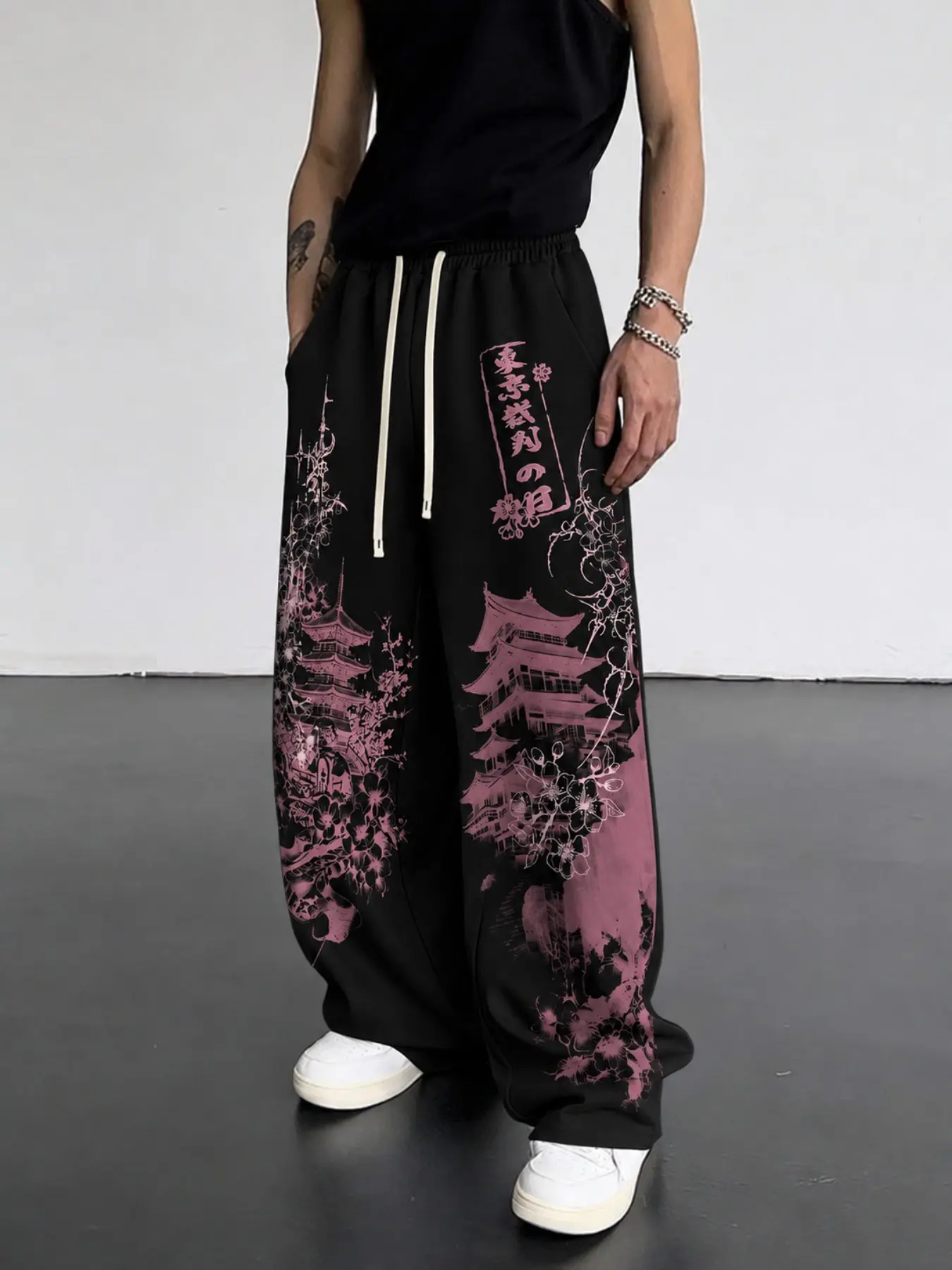 Men's Black Baggy Wide-Leg Sweatpants, Drawstring Waist Sweatpants, Drawstring Pants with Pink Gothic Letter and Architecture Graphics, Retro Y2K Streetwear Joggers for Campus Looks, Skate Outfits, Music Festivals, Parties, Hip Hop Styling
