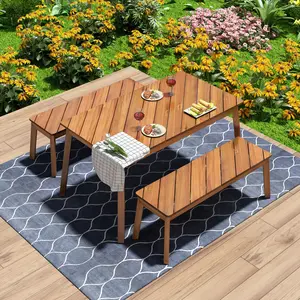 Aobtkel GO 3 Pieces Acacia Wood Table Bench Dining Set For Outdoor & Indoor Furniture With 2 Benches, Picnic Beer Table for Patio, Porch, Garden, Poolside, Natural    RR