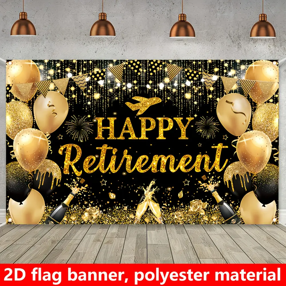 Retirement Celebration Banner, Happy Retirement Party Theme, Balloons, Champagne, Fireworks, Polyester Material, Metal Grommets