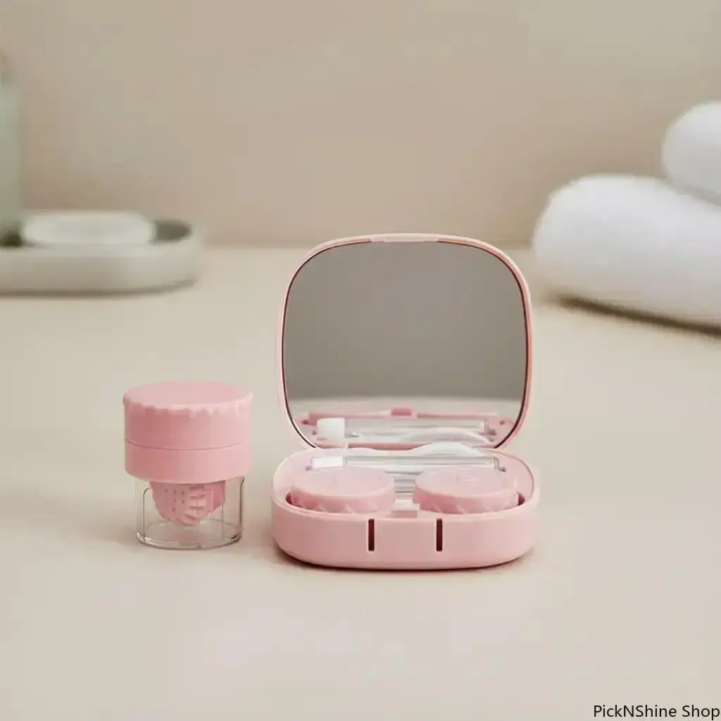 Contact Lens Case with Cleaner Washer, Pocket-Size Travel Contact Lens Applicator and Removal Tool Kit with Mirror, Contact Lens Storage Box for Home and Travel Essentials, Lens Cleaning