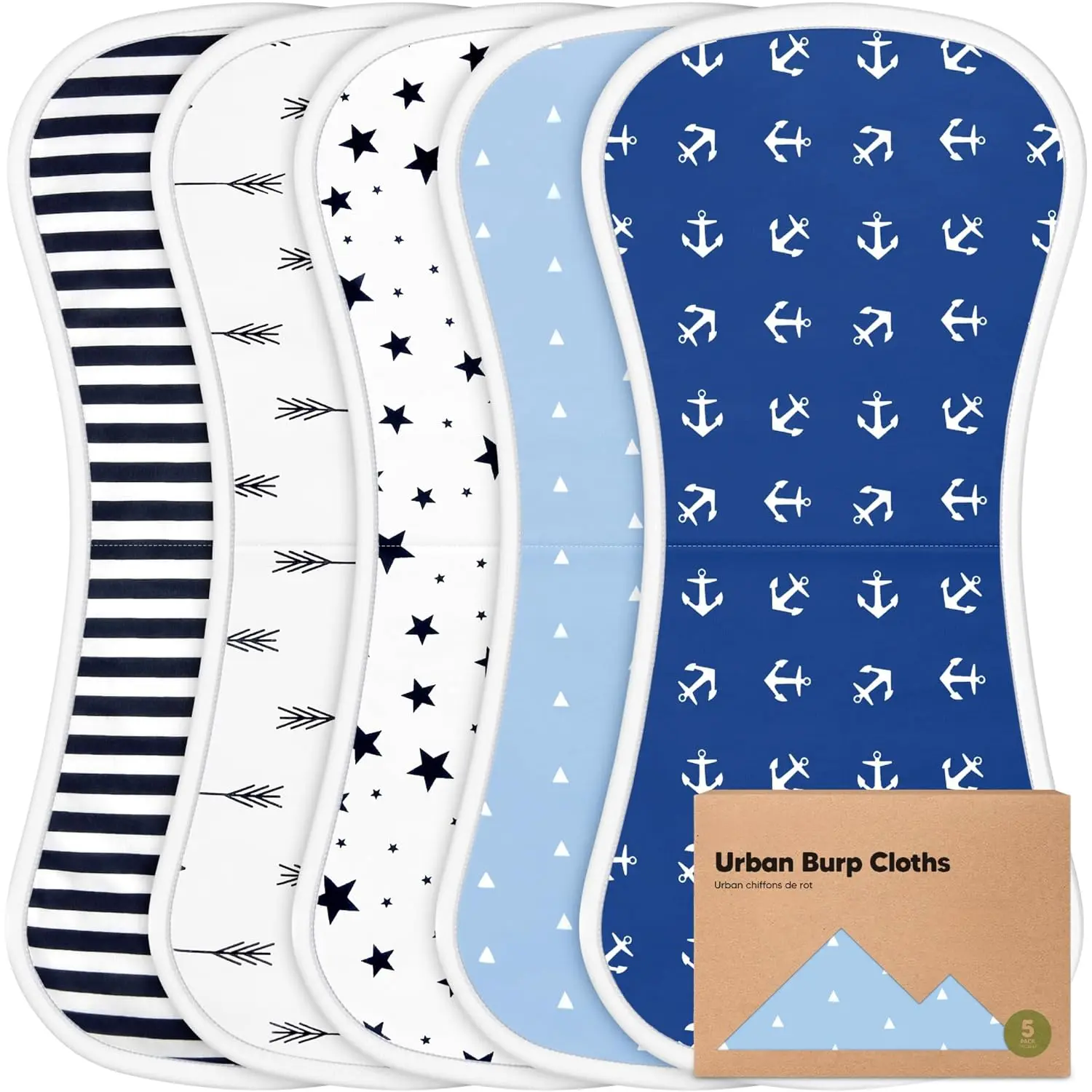 Organic Cotton Plush Burp Cloths for Newborns - 5-Pack Reusable Super Absorbent Unisex Rags, Multiple Prints (Adventurer, Hunter, Cosmo, Butterflies, Crossroads, Blush), 21"x10" Newborn Size Spit Up Towels