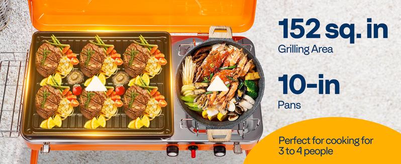 2-in-1 Gas Camping Stove with Detachable Legs, Portable Propane Grill, 20000 BTU Tabletop Grill Cooker for Party, Camping, Picnics, Backyards