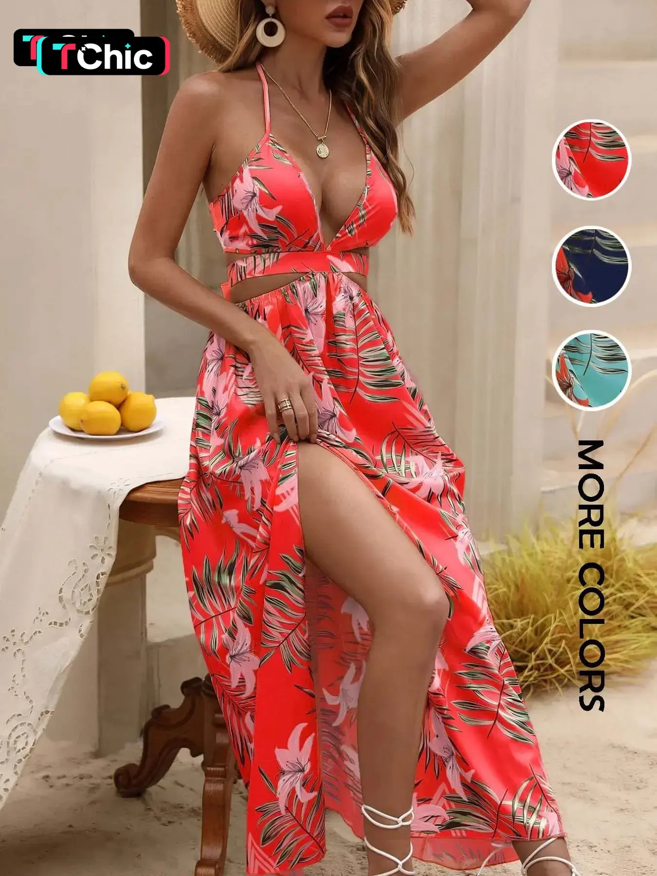 Women's Tropical Print Backless Tie Back Split Thigh Dress, Beachwear, Summer Boho Style, Casual Fashion Dress for Vacation & Party
