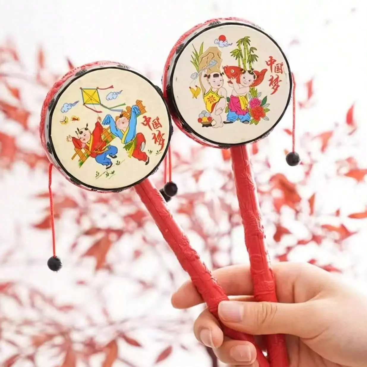 Traditional Chinese Hand Drum Toy, Classic Shaking Sound Toy, Carved Handle, National Style Design, Cultural Theme