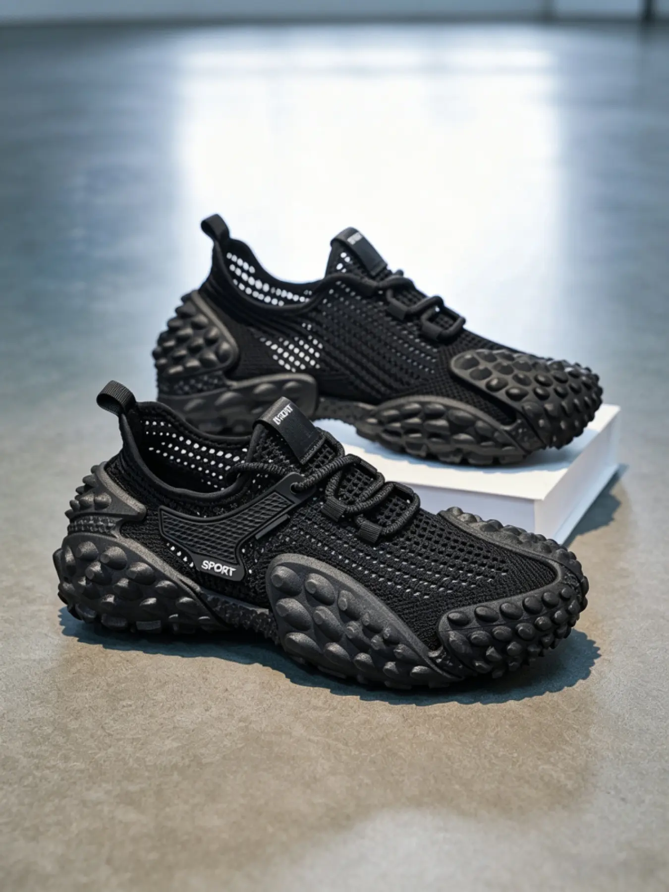 Men Street Functional Athletic Sneakers, Flyknit Breathable Mesh Upper, Tire Pattern Anti-slip Wear-resistant Thick Sole, Daily Commute Light Sports