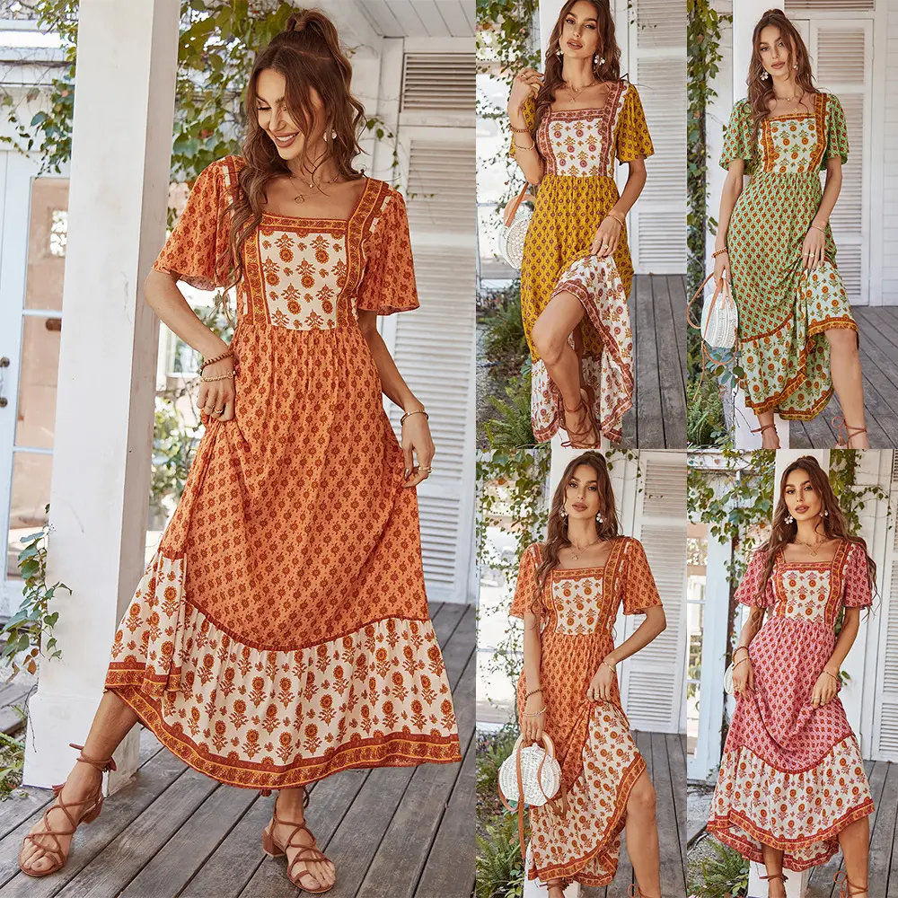 Yesfashion Women's 100% Viscose Square Neck Short Sleeve French Floral Casual Mini Dress - Lightweight Soft Fabric for Vacation, Daily Wear party casual wear summer stylish beach vestido para verano shop my look
