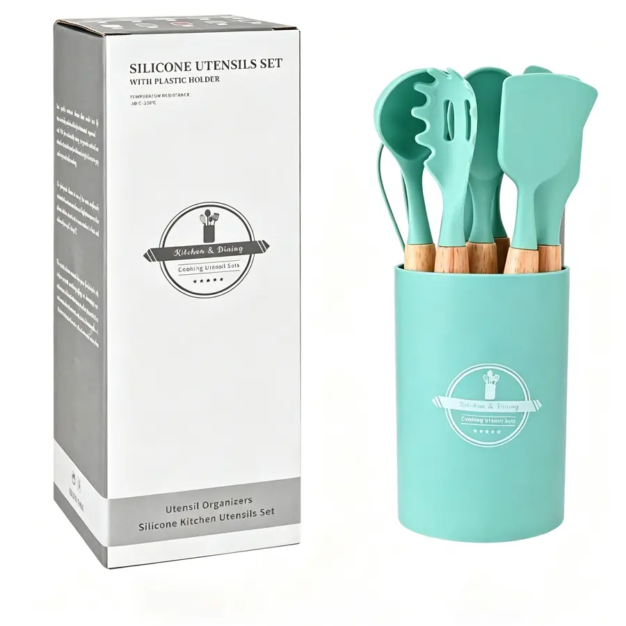 Silicone Kitchen Utensils Set with Wood Handles, 12pcs Mint Green Silicone Kitchen Utensils Set | Non-Stick Cooking Tools with Wooden Handles