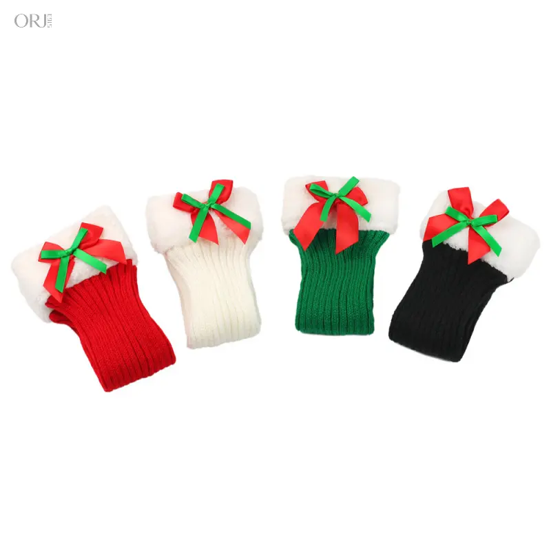 Knitted Christmas Leg Warmers, Fuzzy Plush Bow Decor Stacked Socks, Soft Fleece Lined Calf Leg Sleeves for Women Winter Warm Holiday Outfit