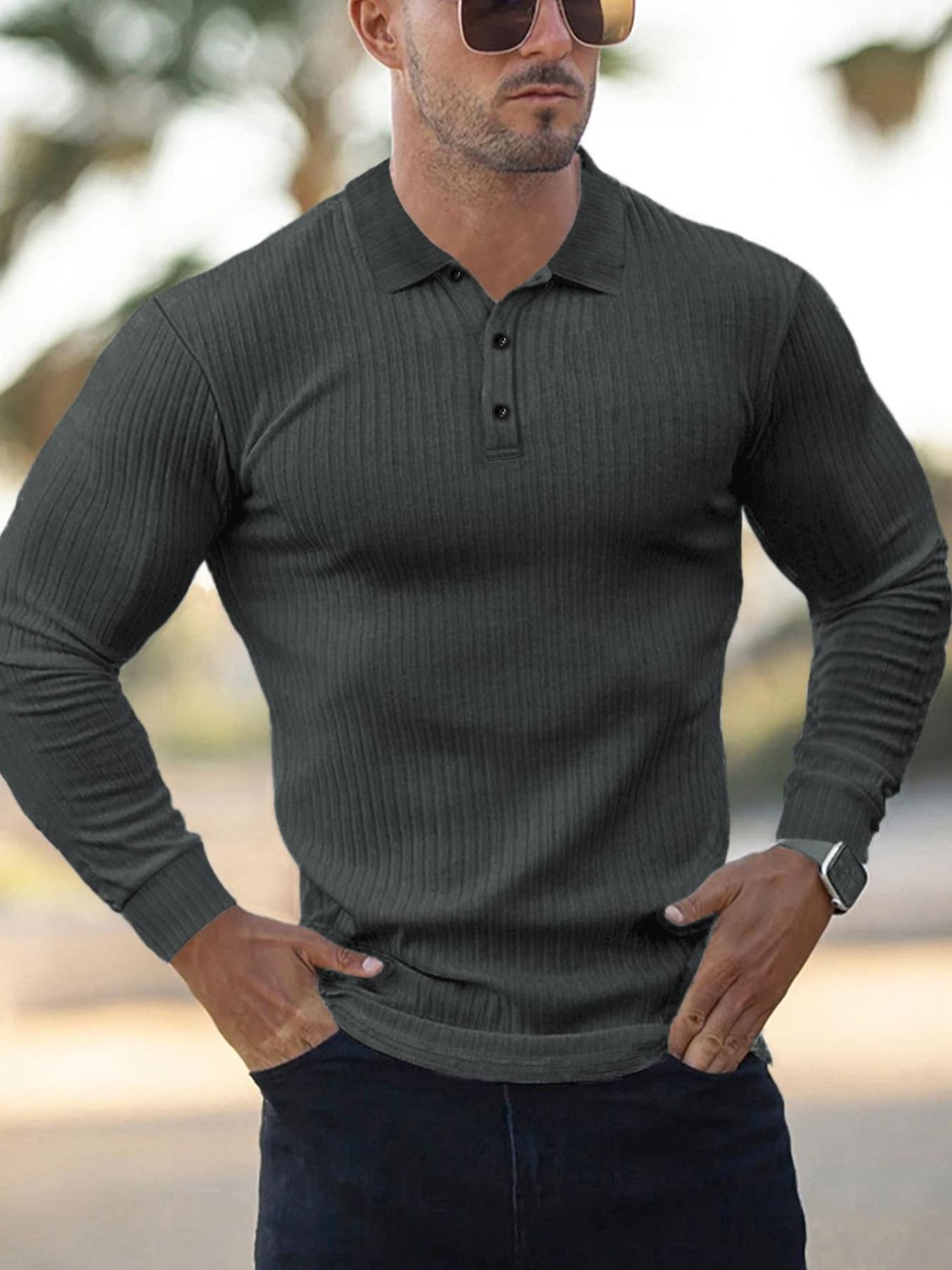 Men's Solid Color Button Polo Shirt, Regular Fit Business Casual Long Sleeve Top, Spring & Fall Fashion, Daily Wear Men's Clothing