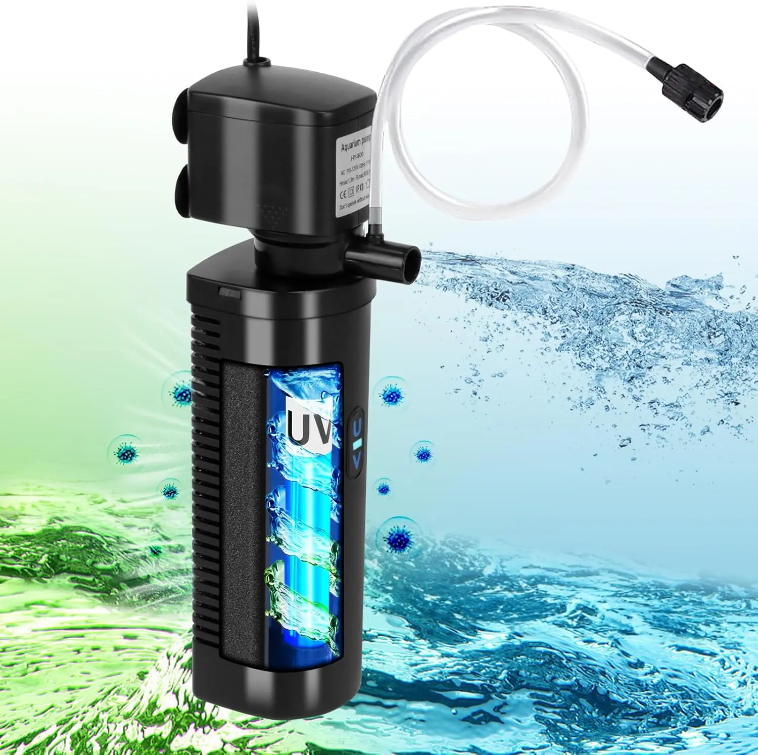 200GPH Submersible Aquarium Filter with UV Light - Fish Tank Accessories for 20-75 Gal Tanks, Ultra-Silent, Green Water & Algae Removal, Deodorization Function
