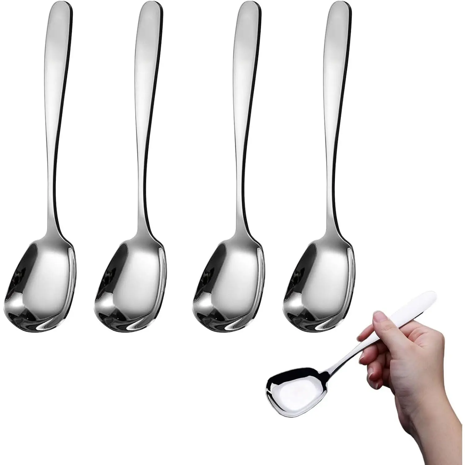 Square Head Spoons, Korean style Square Sugar Spoon,Thick Heavy Stainless Steel Soup Spoon Table Spoons,7 Inches/18.5 cm,Set of 4,Silver