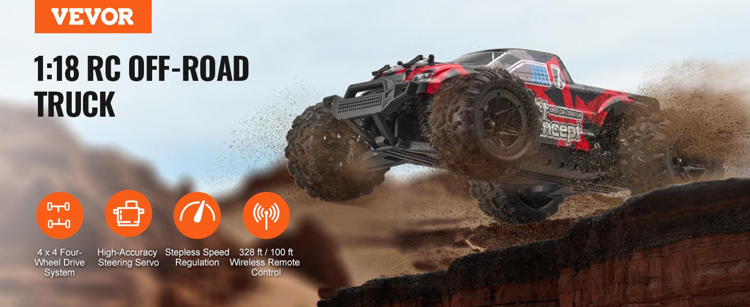 VEVOR  Remote Control Car 1:18 Scale RC Car for Adults, 36 km/h High Speed, All Terrain Waterproof IPX4 Electric 4WD Off-Road Monster Truck with 2 Batteries Hobby RC Truck Xmas Gift for Adult and Boys