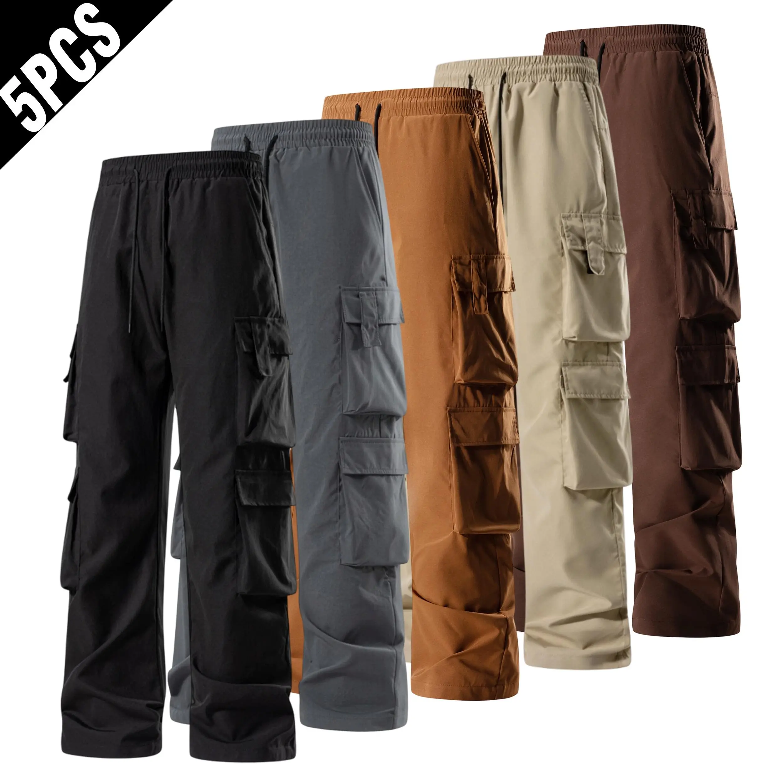 5 Packs Multi-Color Wide Leg Cargo Pants Men, Elastic Drawstring Waist Casual Trousers, Multi Flap Pockets Loose Baggy Streetwear Work Pants