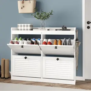 Garvee Large Shoe Storage Cabinet with 4 Flip Drawers, Narrow Shoe Cabinet for Entryway with Wooden Legs, Freestanding Hidden Shoe Rack Organizer for Hallway, Bedroom, Living Room, light white