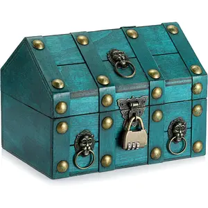 Wooden Treasure Chest with Lock,  Pirate Chest Keepsakes Box for  Gifts,  Treasure Storage Green Decorative Box for   Collectibles, Medium