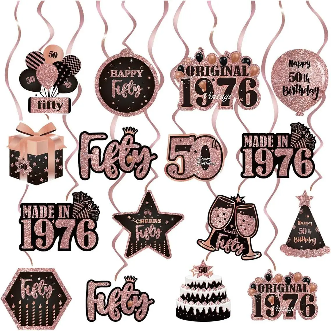 50th Birthday Party  Swirls Decorations, Rose  and Black,  1976 Theme, 16 count with Hat,  Box, Balloon Designs